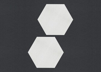 Poster - Two white hexagons placed vertically on a black background, Blank white Business card mockup stacks at grey textured paper background
