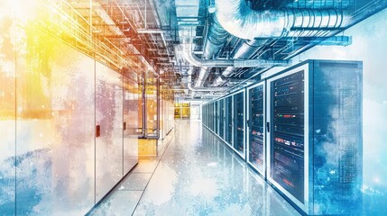 Poster - Modern Data Center Interior with Server Racks and Network Cabling