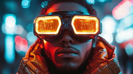 Poster - A lone survivor traverses a neon-lit city, wearing advanced goggles that illuminate their face