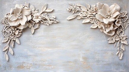 Elegant White Floral Bas Relief Artwork On Distressed Wooden Background