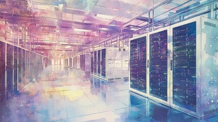 Poster - Modern Data Center Interior with Colorful Abstract Lighting Effects