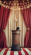 © Galaxyd - Stage with hat on podium, red curtains, light strings.