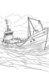 Canvas Print - Vintage Fishing Boat Coloring Page . Children coloring page