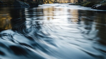 River flowing, autumn forest, smooth water, nature scene, background for website
