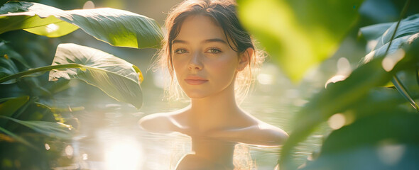 Wall Mural - serene woman around 30 years old is partially submerged in water, surrounded by lush green leaves, creating tranquil and peaceful atmosphere