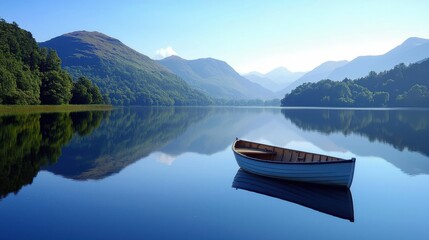Naklejka na meble Serene boat floating tranquil lake mountain view nature landscape calm environment peaceful viewpoint natural beauty