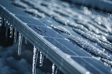 Poster - Close up of frozen photovoltaic solar panel covered in ice. KI generiert, generiert, AI generated