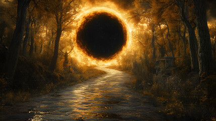 Aufkleber - A mystical forest path leads to an ethereal golden portal, surrounded by glowing foliage and dark shadows