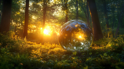 Aufkleber - A reflective sphere glimmers in a sunlit forest, surrounded by lush greenery and soft sunlight filtering through the trees