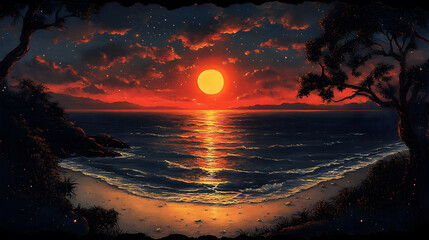 Poster - Serene sunset over a tranquil beach, with vibrant orange and red hues reflecting on the water, framed by silhouettes of trees