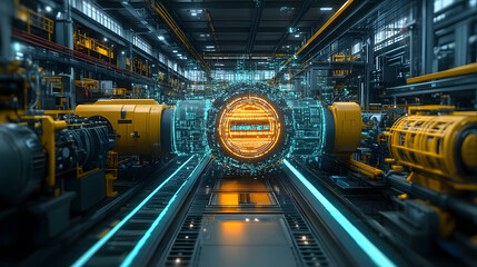 Poster - Futuristic industrial scene featuring glowing technology and machinery, creating a dynamic and high-tech atmosphere