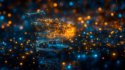 Poster - A glowing shopping cart amidst a blurred background of vibrant blue and orange lights, creating a modern, digital shopping atmosphere