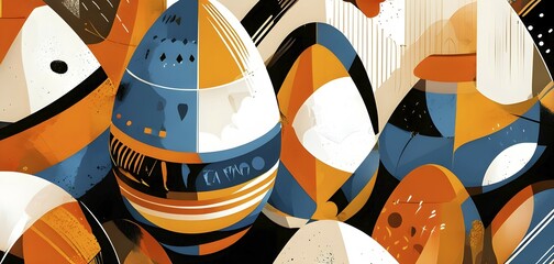 Poster - illustration of an abstract easter egg design with geometric patterns, bold colors, and a mix of tex