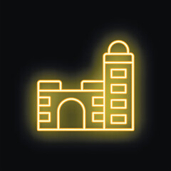 Poster - Yellow neon sign illustrating a building with a tower, glowing on a black background