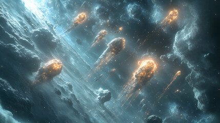 Poster - A dramatic celestial scene depicts fiery meteors streaking through a dark, cloud-filled sky, illuminating the atmosphere with their glow