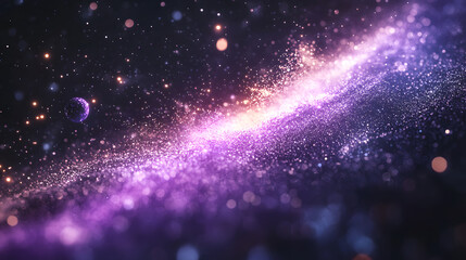 Poster - Cosmic view of a vibrant galaxy with sparkling stars and glowing dust in shades of purple and blue against a dark backdrop