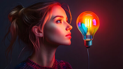 Poster - A young woman gazes thoughtfully at a colorful light bulb, symbolizing creativity and inspiration against a dark backdrop