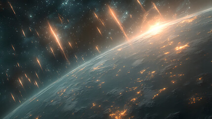 Poster - A dramatic view of a planet with fiery meteors cascading through space, illuminated by a rising sun in the background
