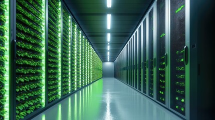 Poster - Futuristic Server Room with Green Lighting and High-Tech Equipment
