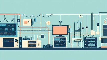 Poster - Modern Technology Network with Cables and Devices on Blue Background