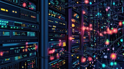 Poster - Futuristic Data Center with Colorful Lights and Server Racks