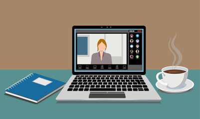 Poster - Laptop with a real-time video meeting application, a physical notebook and a cup with coffe. Ongoing meeting with presentation and team. Simplified flat style. Vector Illustration