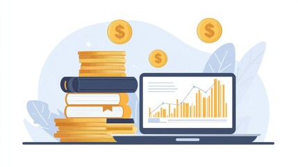 Poster - Laptop with Financial Growth Graph Surrounded by Books and Coins