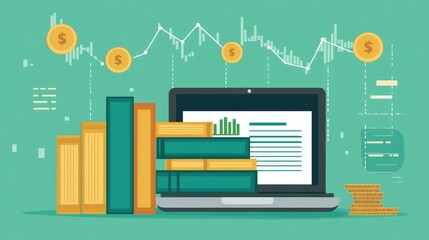 Poster - Desktop Workspace with Books and Laptop for Financial Analysis