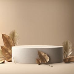 Golden leaves arranged around a single round pedestal with a minimalist and modern design, AI generated