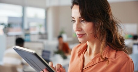 Poster - Employees, journalist and woman with tablet, internet and thought with research for press release. Investigator reporter, article or editor in newsroom, technology and online reading for crime report