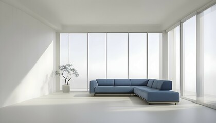 Leinwandbilder - Minimalist living room with clean lines and neutral tones, featuring a modern blue sofa, AI generated
