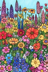 Canvas Print - A Colorful Meadow of Flowers . Children coloring page