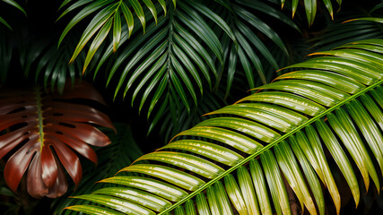 Wall Mural - Monstera and palm leaves jungle texture