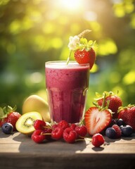 Wall Mural - Fresh fruit shake in a glass, smoothie, milkshake, wild berry, strawberry, blueberry, raspberry, kiwi, wellness drink, sunrise, forest, AI generated