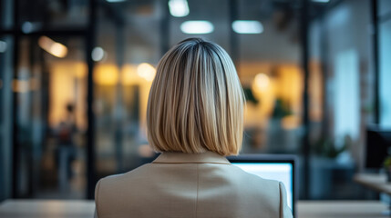 Canvas Print - woman with short blonde hair is seated at desk, facing computer screen in modern office environment. atmosphere is professional and focused