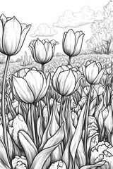 Canvas Print - Black and White Tulip Field Illustration . Children coloring page