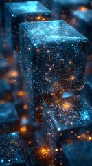 Poster - A mesmerizing visual reveals glowing cubes interconnected through a network of sparkling lights, symbolizing the complex dynamics of blockchain technology. This digital tapestry showcases innovation