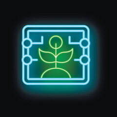 Wall Mural - Neon green plant icon glowing inside a blue square frame on a black background