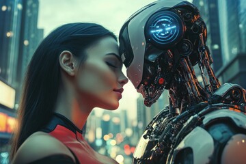 Poster - A woman walks alongside a robot in an urban setting