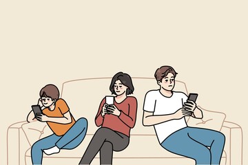 Leinwandbilder - Young family with child sit on sofa browsing internet on modern smartphone. Parents and small kid addicted to cellphones, using gadgets together at home. Technology addiction. illustration
