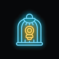 Poster - glowing neon icon of a light bulb trapped inside a birdcage symbolizing a lack of freedom of thought