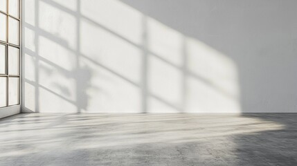 Poster - Natural light filters through large windows, illuminating a pristine white wall. Shadows playfully intertwine, creating a serene atmosphere perfect for contemplation or creativity