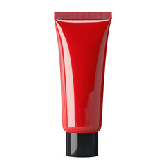 Poster - A glossy red plastic tube with a black cap, isolated on a black background, suitable for cosmetic product packaging mockups.