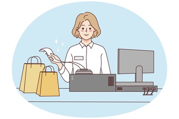 Poster - smiling female cashier with bags at shop register. woman selling products giving bill to client in s