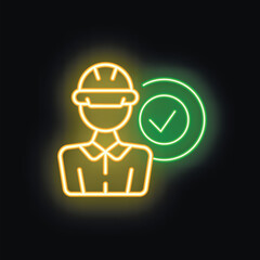 Poster - Neon style icon of a construction worker wearing a hard hat with a check mark, great for safety, construction, and employment industries