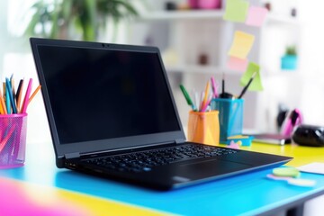 Poster - A person's laptop sitting on a desk with various items around it