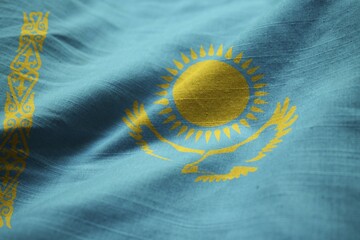 Poster - Closeup of Ruffled Kazakhstan Flag, Kazakhstan Flag Blowing in Wind