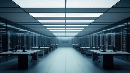 Poster - Modern Data Center Interior with Rows of Desk and Computer Equipment