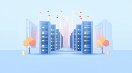 Poster - Modern Data Center with Servers and Colorful Umbrellas in Sky