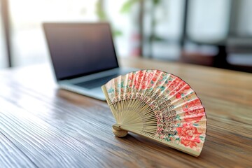 Poster - A person sitting next to a laptop on a wooden table, using a fan for cooling